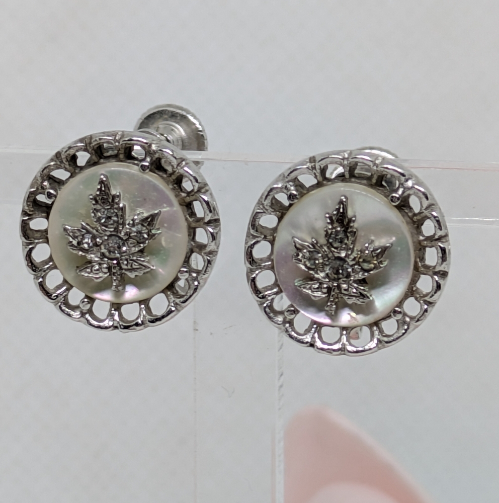 Vintage Keyes Earrings Rhinestone Maple Leaf Silvertone Screwback Signed